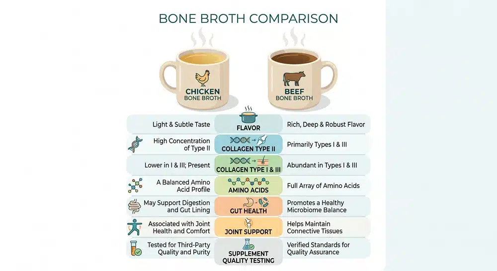 chicken-vs-beef-bone-broth-comparison-chart Chicken bone broth vs beef bone broth comparison chart showing collagen types, flavor, amino acids and best uses