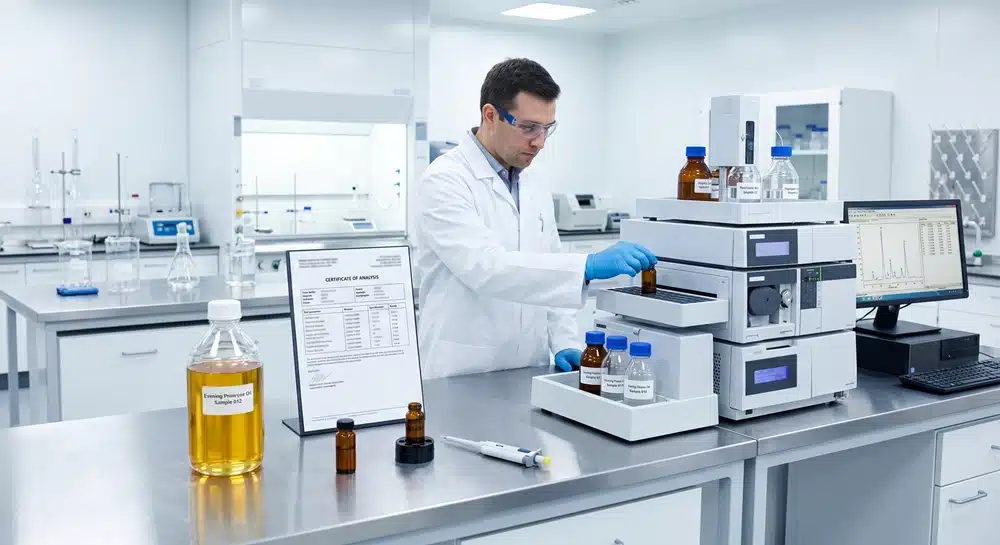 evening-primrose-oil-coa-quality-testing Evening primrose oil COA quality testing for GLA peroxide value and acid value