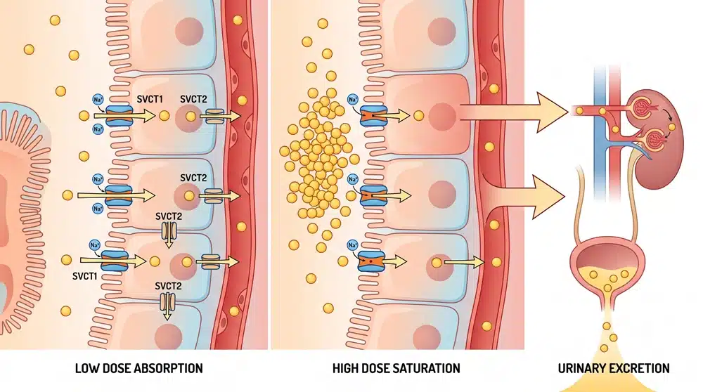 vitamin c absorption svct transport flowchar Vitamin C absorption through SVCT1 and SVCT2 transporters and high dose saturation