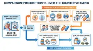 Vitamin D prescription vs OTC decision flowchart based on blood test and risk factors