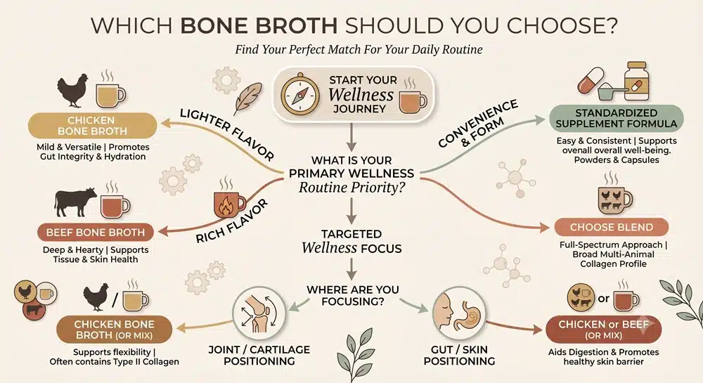 which-bone-broth-should-you-choose-decision-tree Decision tree for choosing chicken bone broth, beef bone broth or a blended bone broth formula