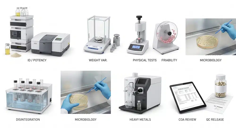 Supplement tablet quality control testing and batch release workflow