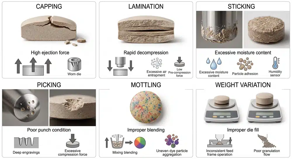 Common supplement tablet defects including capping, sticking and lamination