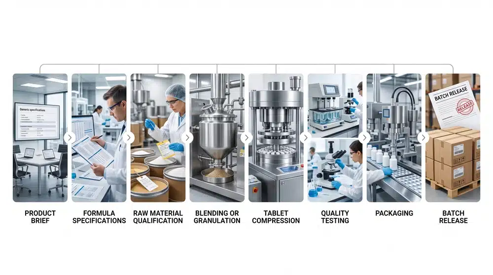 Tablet supplement manufacturing process from formulation to quality release