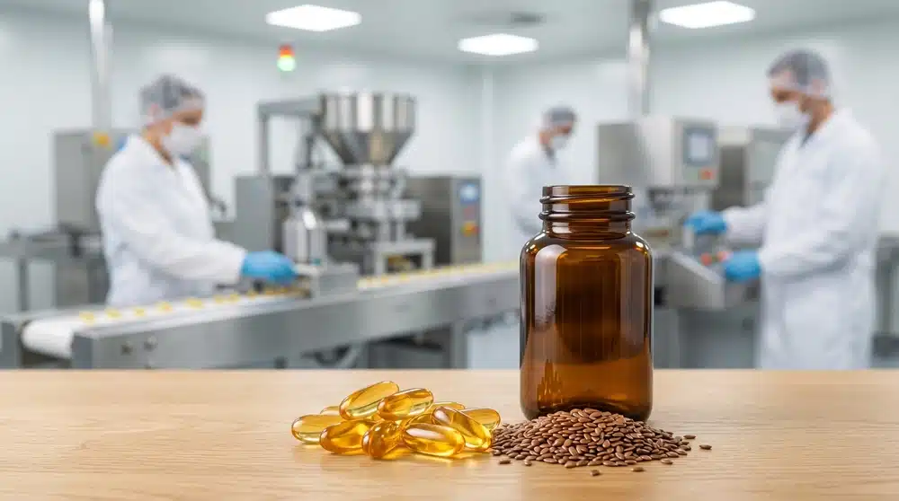 flaxseed-oil-softgel-supplement-manufacturing Flaxseed oil softgel supplement manufacturing with dark bottle and flax seeds