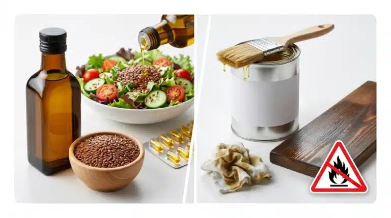Linseed oil vs flaxseed oil comparison: food-grade flaxseed oil for omega-3 supplements and industrial linseed oil for wood finishing