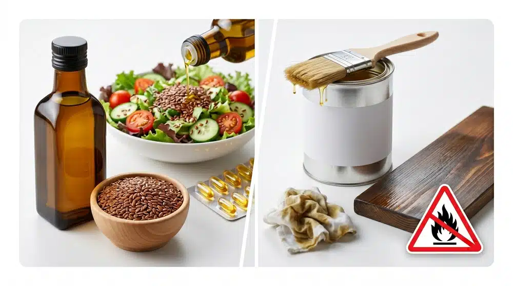 Linseed oil vs flaxseed oil comparison: food-grade flaxseed oil for omega-3 supplements and industrial linseed oil for wood finishing