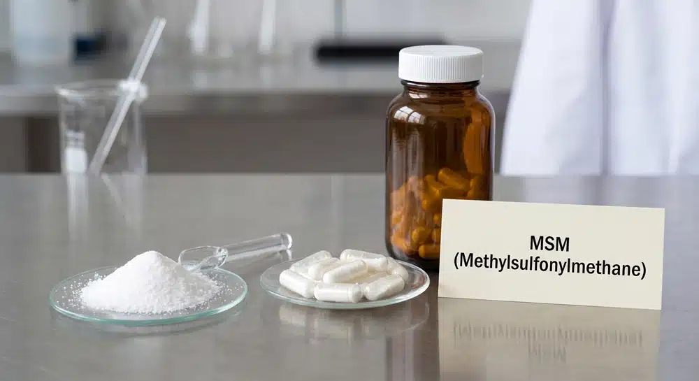 MSM methylsulfonylmethane powder and capsules for supplement formulation