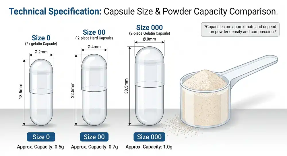 protein-capsule-size-capacity-chart Capsule size 0 00 and 000 capacity comparison for protein supplement formulation