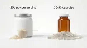 Protein capsules vs protein powder serving size comparison showing one 25 g scoop and dozens of capsules