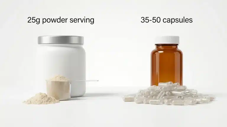 Protein capsules vs protein powder serving size comparison showing one 25 g scoop and dozens of capsules