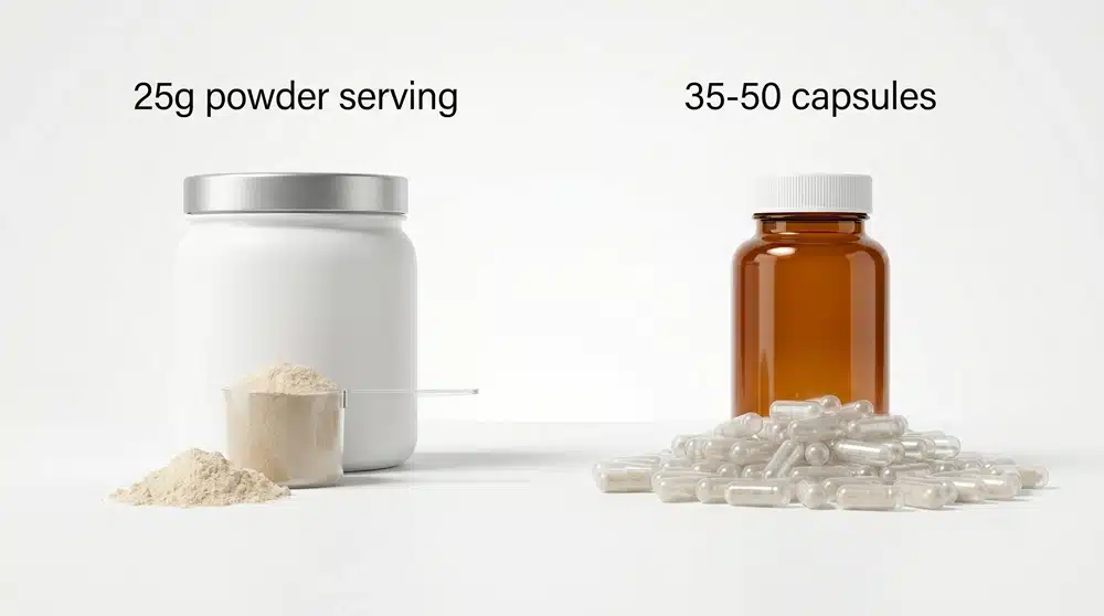 protein-capsules-vs-powder-dose-comparison Protein capsules vs protein powder serving size comparison showing one 25 g scoop and dozens of capsules