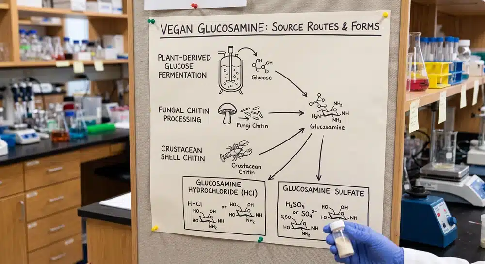 Vegan glucosamine sources from fermentation and fungal chitin compared with shellfish glucosamine