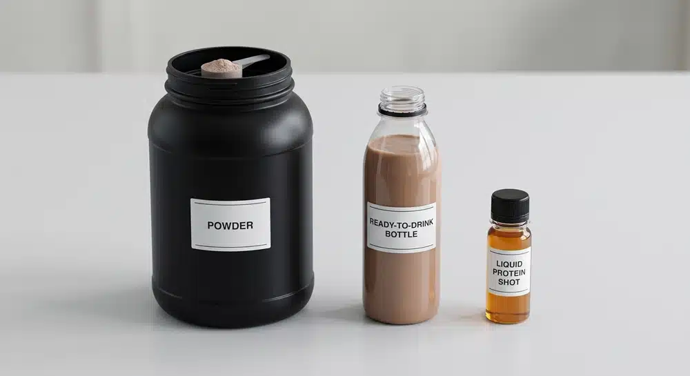 RTD protein shakes, liquid protein shots and protein powder format diagram