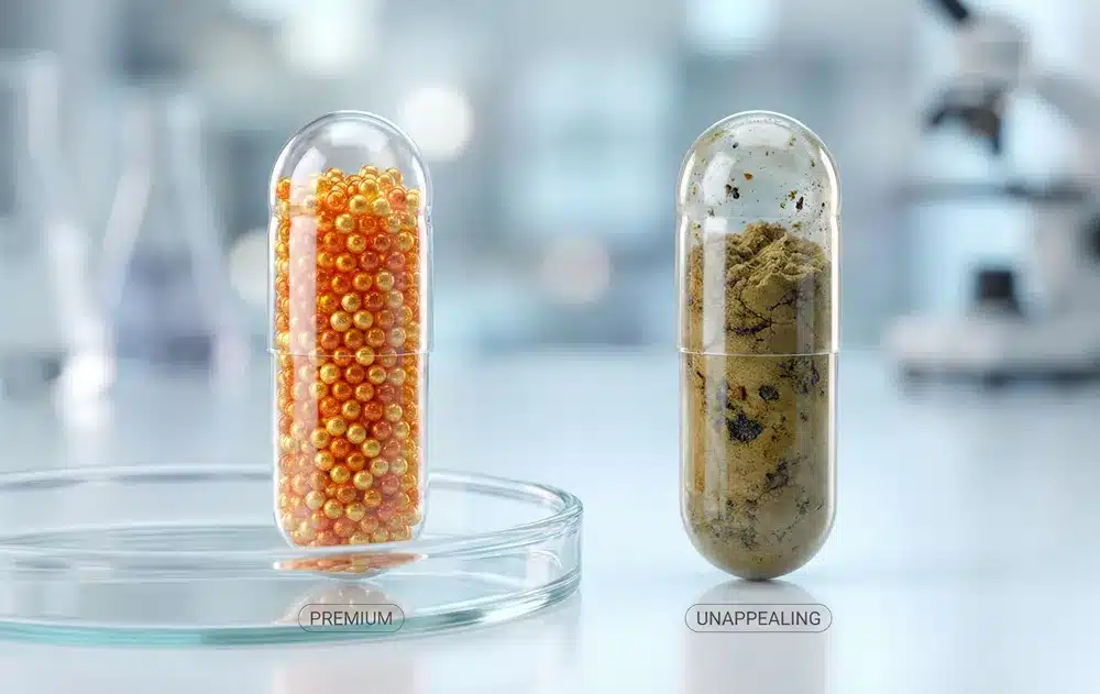 كبسولات ميكروكبسولة شفافة مقابل كبسولة مسحوق مرقطة قبيحة المظهر