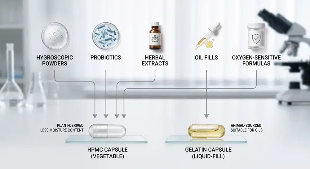 Decision flow for choosing capsule shells for moisture-sensitive ingredients