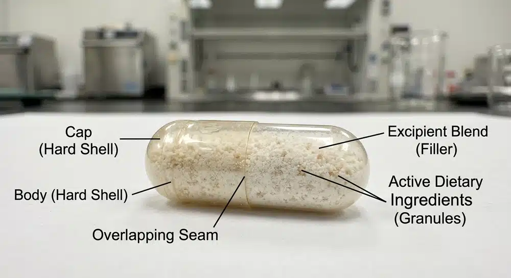 Capsule shell and supplement fill ingredients shown in a labeled cross-section