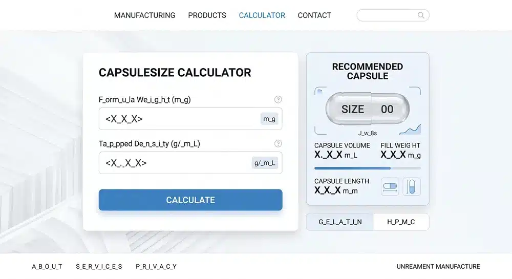 Capsule size calculator for supplement formula weight and tapped density