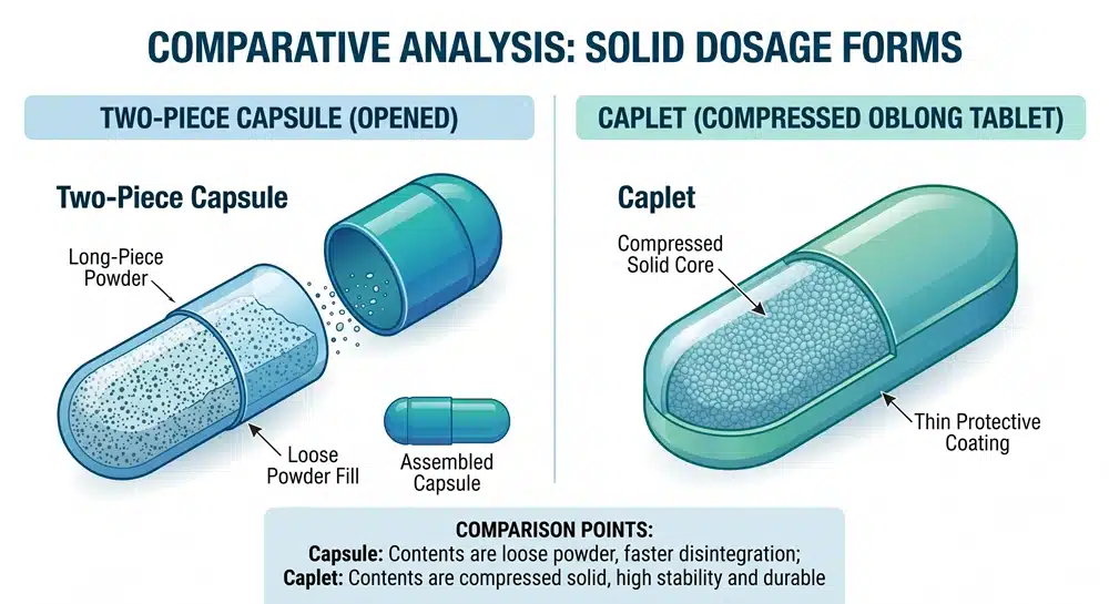 capsule-vs-caplet-anatomy-comparison Capsule vs caplet anatomy showing shell-filled powder and compressed coated tablet