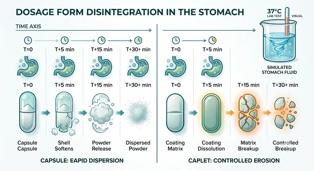 capsule-vs-caplet-disintegration-timeline Capsule and caplet disintegration timeline comparison in stomach fluid