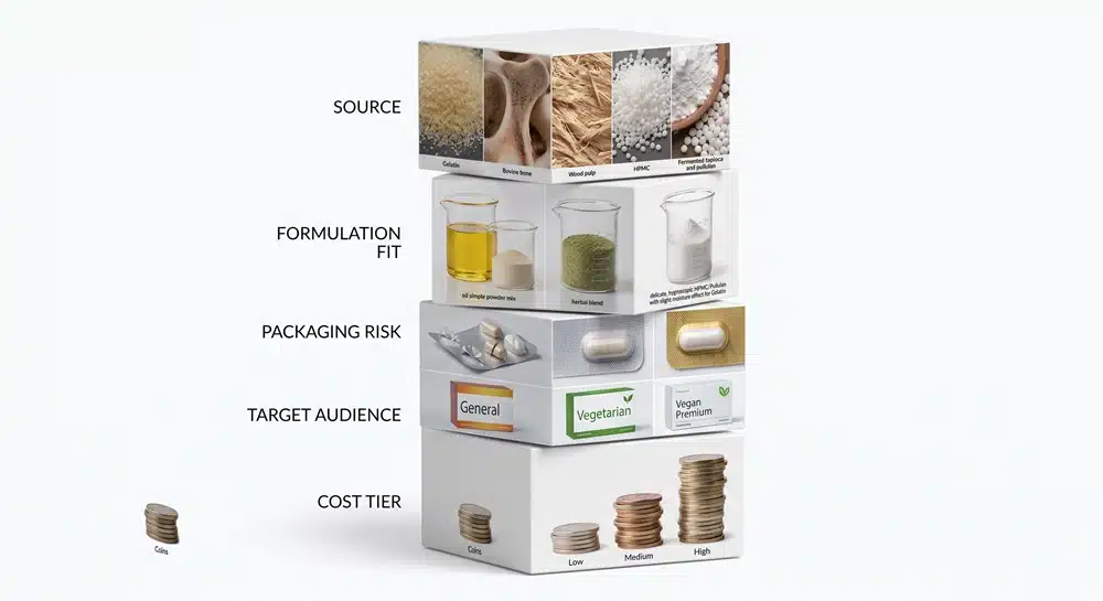 Gelatin and HPMC capsule material selection matrix for supplement brands