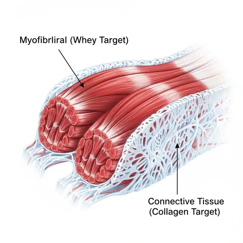Microscopic cross-section of human skeletal muscle highlighting two distinct anatomical zones. The internal muscle fibers are colored red to represent the Myofibrillar target (Whey/Leucine). The external sheaths and fascia are colored white to represent the Connective Tissue target (Collagen/Glycine). Illustrates the need for both protein sources for complete muscular development.