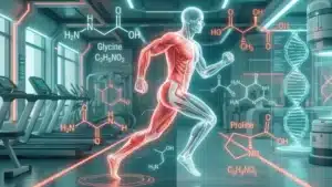 Futuristic digital art illustration of a sprinter in motion. The left side of the body reveals detailed red muscular anatomy, while the right side reveals a glowing white skeletal and tendon system. Floating chemical formulas of Glycine surround the figure, symbolizing the fusion of explosive power and structural resilience.