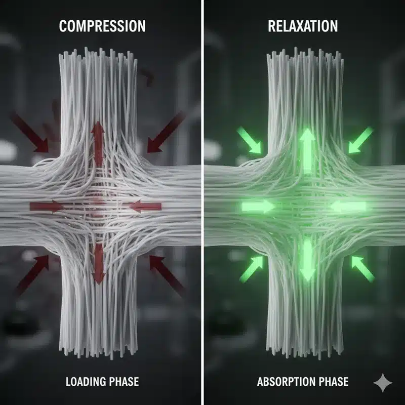 Split-screen microscopic render showing tendon fibers functioning like a sponge. Panel A shows the tendon under compression expelling waste fluid (Loading Phase). Panel B shows the tendon relaxing and absorbing glowing green collagen peptides (Absorption Phase). Visualizes the specific timing mechanism behind the Keith Baar tendon repair protocol.
