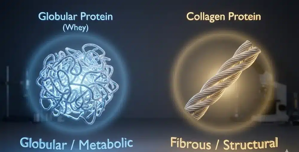 High-precision 3D scientific comparison of protein structures. On the left, a globular whey protein structure glows blue, representing metabolic muscle growth. On the right, a rigid collagen triple-helix structure glows gold, representing structural tissue support. This visualizes why collagen is essential for connective tissue rather than muscle metabolism.