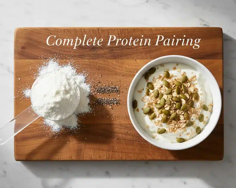Overhead health food photography. On the left, a scoop of hydrolyzed collagen powder. On the right, a bowl of Greek yogurt topped with pumpkin seeds. In the center, chia seeds are arranged to form an "equals" sign (=). This demonstrates the nutritional strategy of pairing incomplete collagen with tryptophan-rich foods to create a complete protein meal.