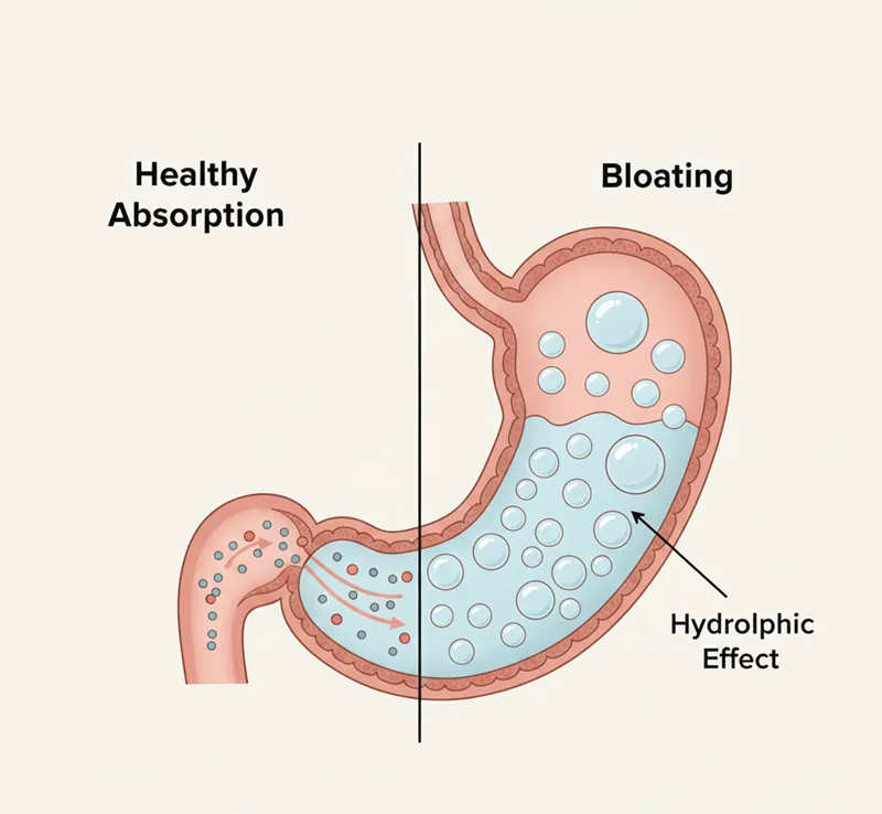ภาพประกอบทางการแพทย์ที่แสดงผลของคอลลาเจนเปปไทด์ที่มีคุณสมบัติชอบน้ำในกระเพาะอาหาร โดยแสดงให้เห็นว่าภาวะขาดน้ำสามารถนำไปสู่การบวมท้องจากการย่อยอาหารได้อย่างไร.
