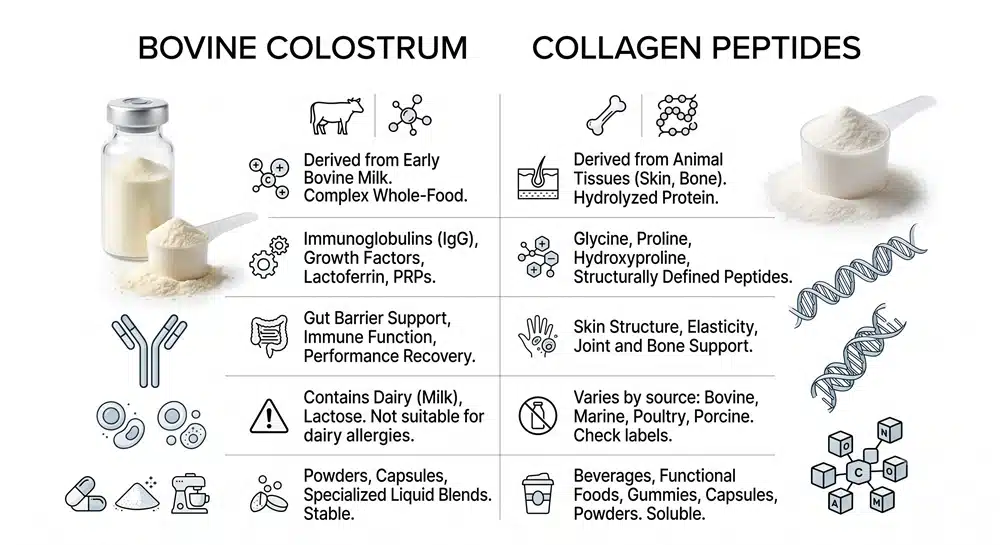Colostrum vs collagen peptides supplement comparison chart