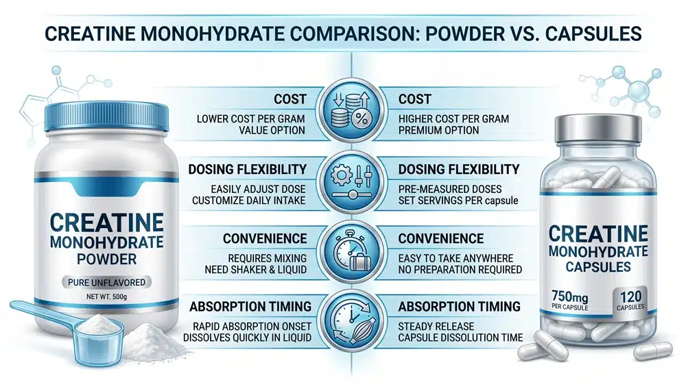 creatine-powder-vs-capsules-comparison-infographic Creatine Monohydrate powder vs capsules comparison for cost dose convenience and absorption