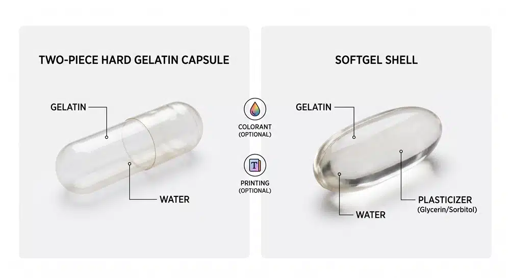 Gelatin capsule shell ingredients for hard capsules and softgels