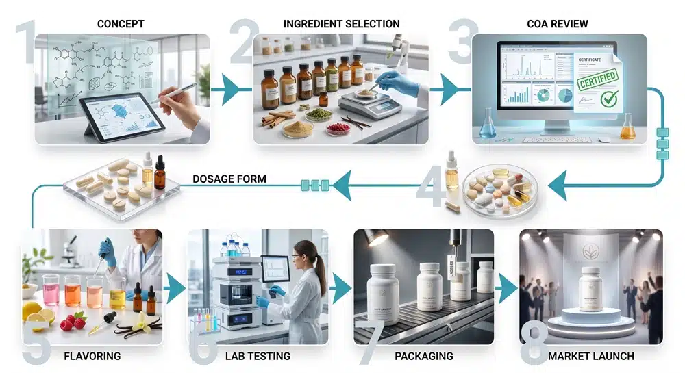 Gut skin supplement formulation workflow with collagen peptides and colostrum