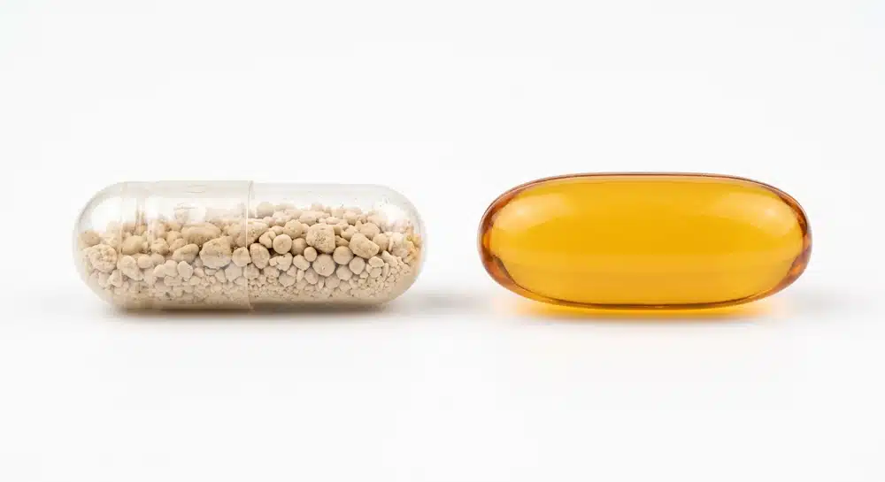 Hard versus soft gelatin capsule composition and fill matrix