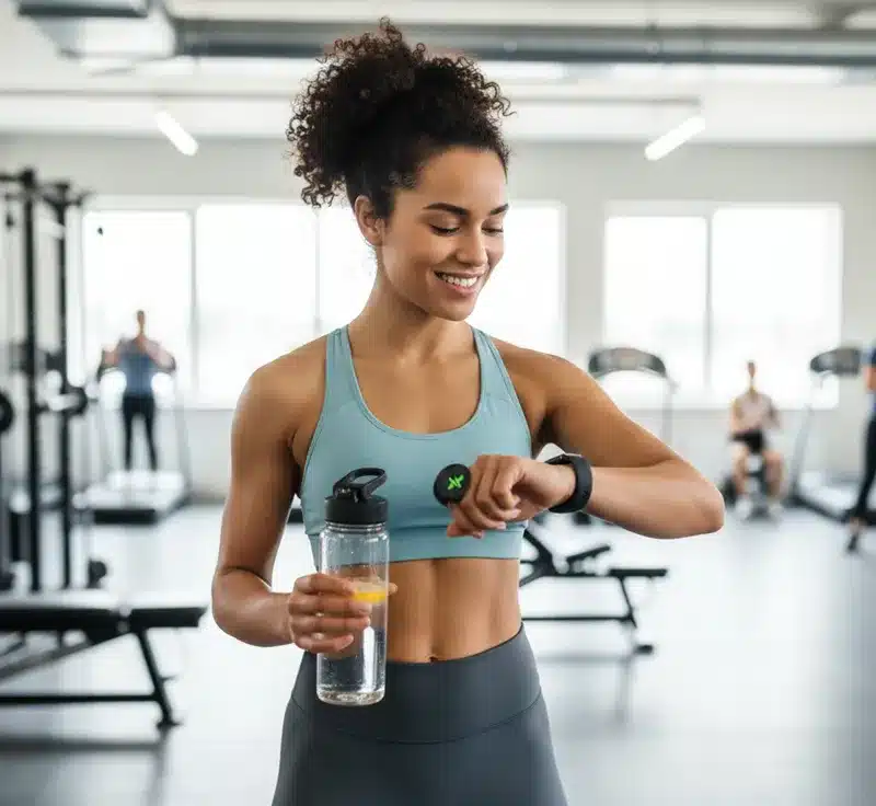 ผู้หญิงรูปร่างดีดื่มน้ำหลังออกกำลังกายเพื่อคงความชุ่มชื้นและป้องกันการกักเก็บของเหลวขณะรับประทานอาหารเสริมคอลลาเจน.