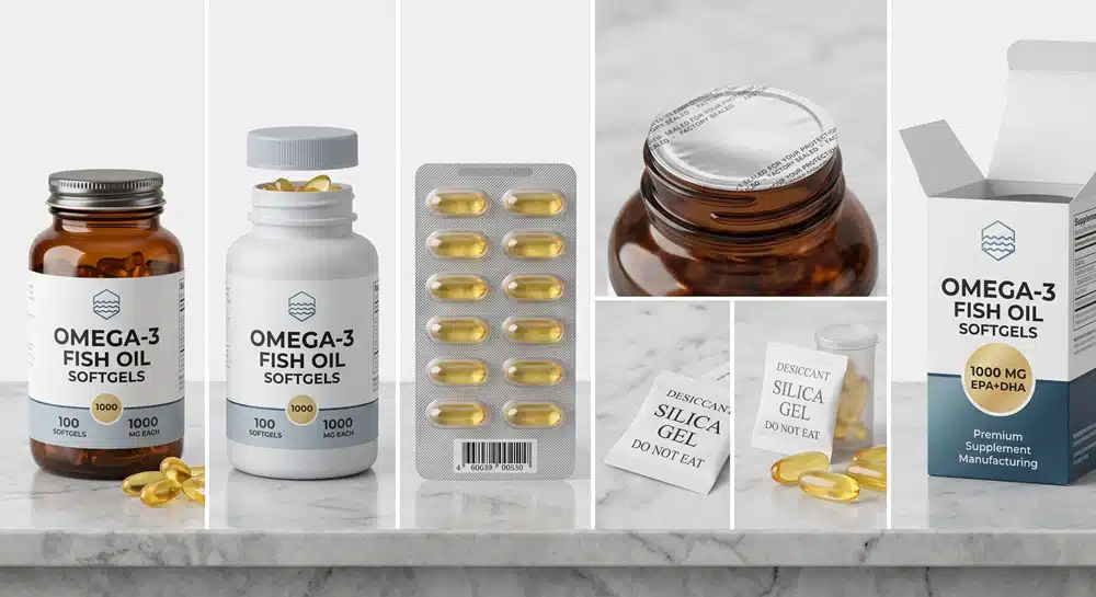 omega-3-softgel-packaging-options Omega-3 softgel packaging options including amber bottle blister pack desiccant and induction seal