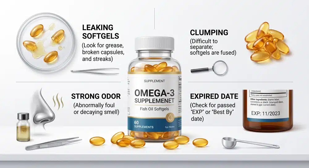rancid-fish-oil-softgels-warning-signs •Rancid fish oil softgels warning signs including odor leaking and clumping