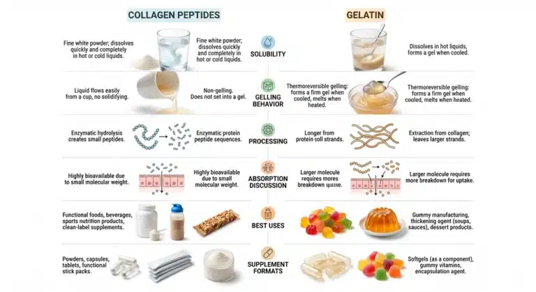 Collagen peptides vs gelatin comparison chart for supplement formulation