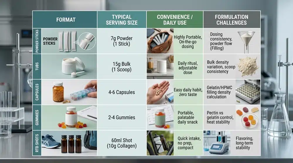 collagen-tendon-formulation-formats Collagen peptide tendon formula formats powder capsules gummies and RTD