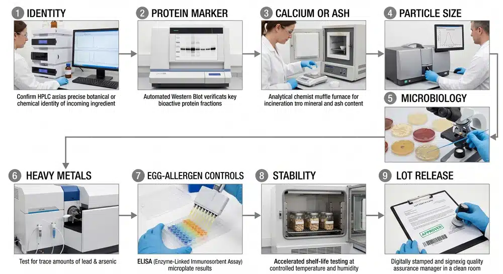 Eggshell membrane COA, allergen, residual shell and quality testing checklist