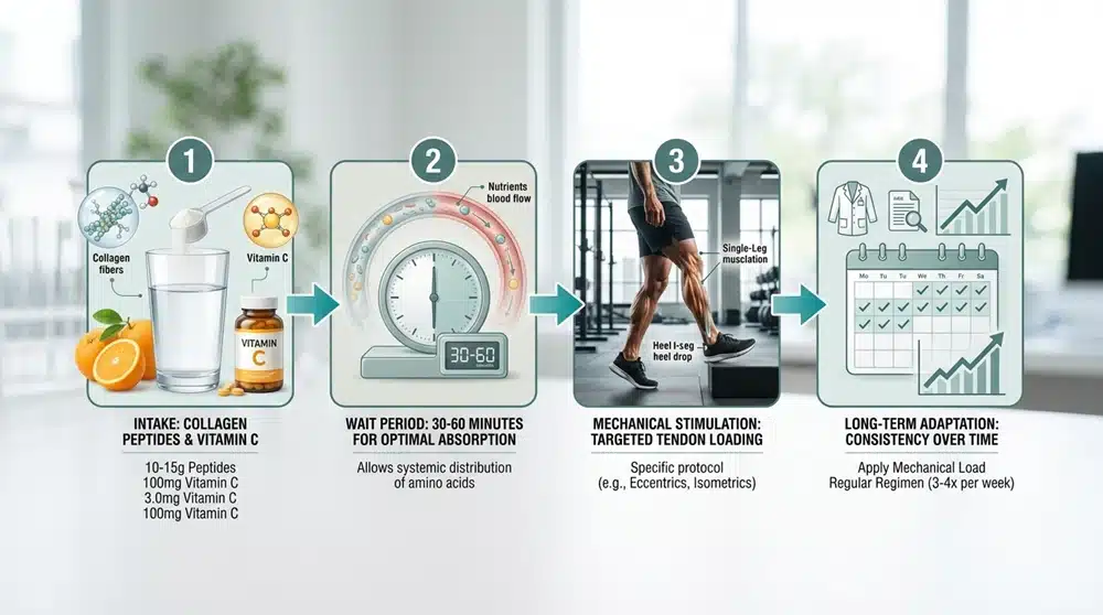 tendon-support-protocol-flow Tendon support protocol with collagen peptides vitamin C and loading exercise