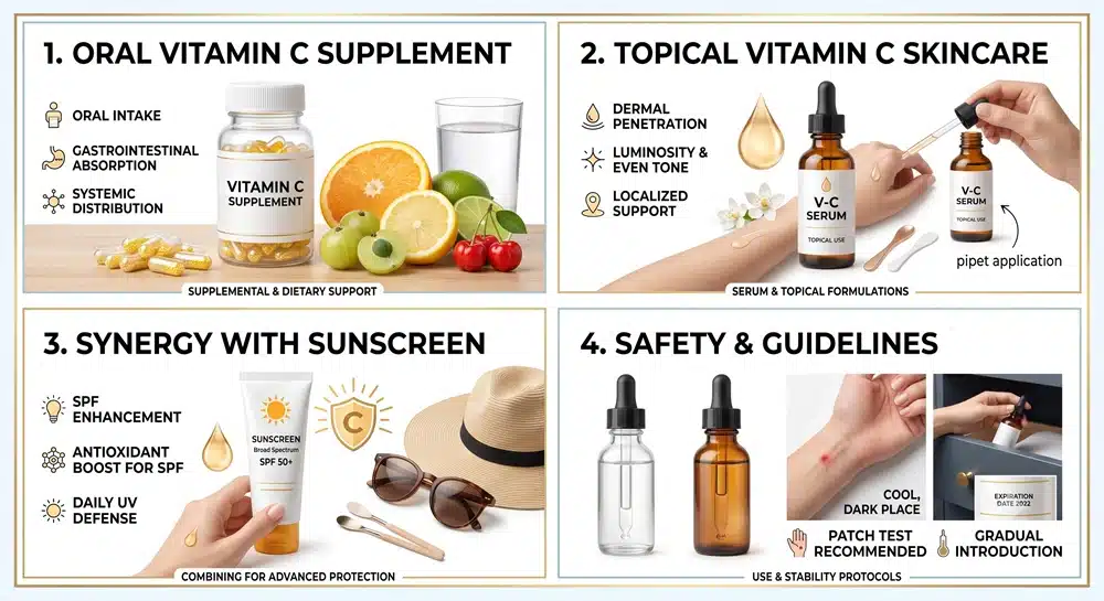 Vitamin C for skin brightening oral vs topical summary