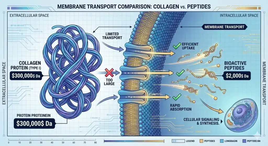 A comparison between a large, tangled collagen protein molecule ($300,000$ Da) and small, fast-moving, glowing peptide chains ($2,000$ Da) passing through a semi-permeable cell membrane