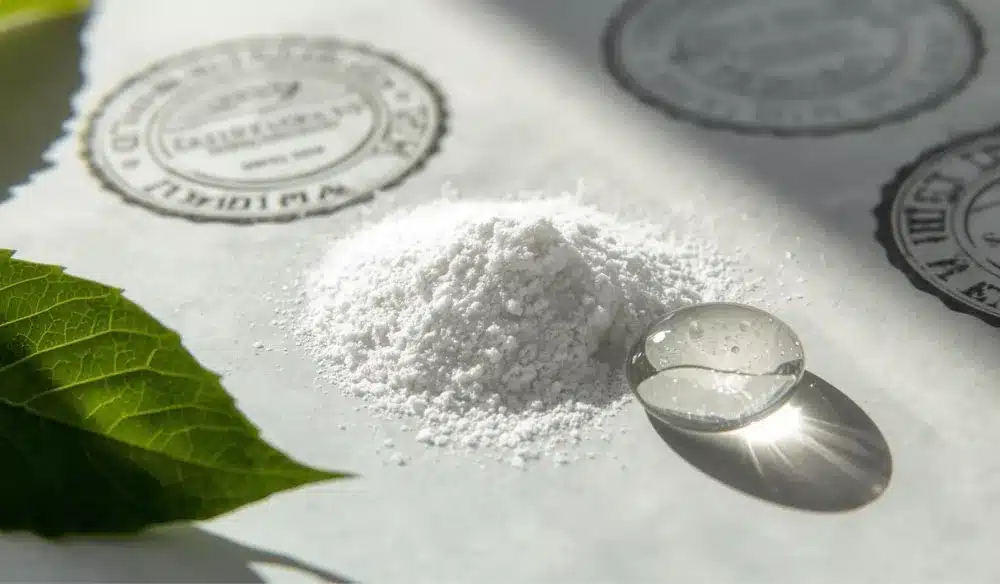 A flat lay of a pure white peptide powder next to a green leaf and a droplet of crystal-clear water