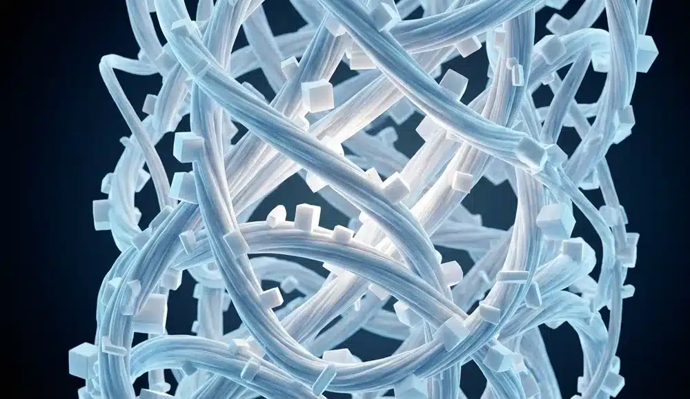 It clearly demonstrates how collagen fibers form a three-dimensional network, with minerals attached to it.
