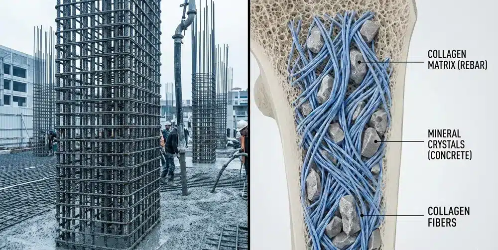 A side-by-side comparison image shows the steel reinforcement of a construction site on the left and the microscopic skeletal structure on the right. The two are strikingly similar in appearance.