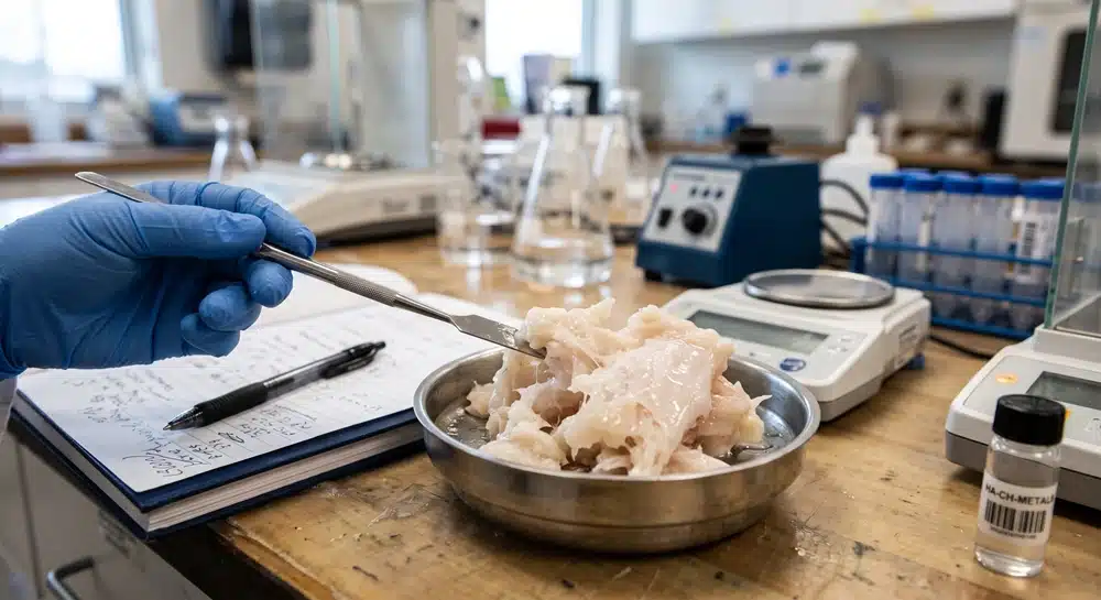 Chicken cartilage matrix COA fields for Type II collagen, protein, chondroitin, hyaluronic acid, moisture, and contaminants