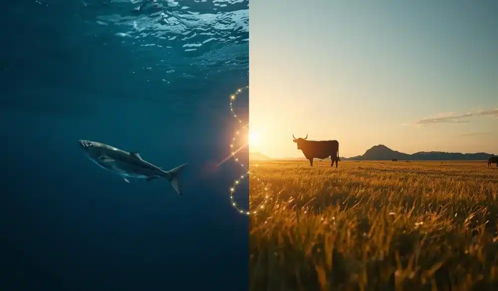 a deep blue ocean with a stylized silhouette of a wild-caught fish; on the right, a golden pasture with a silhouette of a grass-fed cow